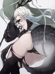 Rule 34 | 1girl, absurdres, ahoge, arknights, ass, bare shoulders, black panties, black thighhighs, chinese commentary, commentary request, cowboy shot, crocodilian tail, gloves, grey background, highres, holding, holding staff, large tail, long hair, long sleeves, panties, pointy ears, profile, silver hair, simple background, solo, staff, tail, thighhighs, thighs, tomimi (arknights), underwear, ushi uta, yellow eyes