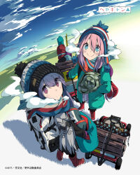 Rule 34 | 2girls, absurdres, afro (kngotezo), blue eyes, blue hair, closed mouth, day, highres, kagamihara nadeshiko, looking at viewer, multiple girls, official art, outdoors, pink hair, promotional art, purple eyes, scarf, shima rin, smile, standing, yurucamp