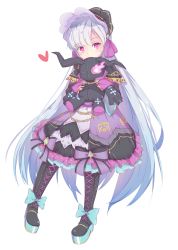 Rule 34 | 1girl, absurdres, bad id, bad pixiv id, black footwear, blue bow, blue hair, blush, bonnet, boots, bow, cross-laced footwear, dress, dress bow, full body, gradient hair, heart, highres, king&#039;s raid, long hair, looking at viewer, multicolored hair, ocs3533, pink eyes, platform footwear, purple bow, purple dress, silver hair, simple background, solo, standing, stuffed animal, stuffed toy, symbol-shaped pupils, thigh boots, thighhighs, very long hair, white background