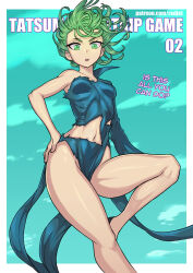Rule 34 | 1girl, border, breasts, cloud, collarbone, dress, english text, green dress, green eyes, green hair, green sky, groin, hand on own hip, knee up, long sleeves, no panties, one-punch man, parted lips, redjet, shiny skin, short hair, single bare shoulder, small breasts, solo, tatsumaki, teeth, torn clothes, torn dress, white border