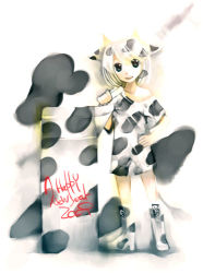Rule 34 | 00s, 1girl, 2009, animal ears, animal print, cow ears, cow girl, cow print, cow tail, horns, kei (keigarou), lowres, milk, new year, short hair, solo, tail