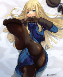 1girl aona_(anagasaki) aqua_eyes black_headwear black_pantyhose blonde_hair blue_jacket blue_scarf breasts brown_gloves fate_(series) feet flower foreshortening gloves grey_flower grey_rose highres interlocked_fingers jacket leg_up legs long_hair long_sleeves looking_at_viewer lord_el-melloi_ii_case_files lying on_back open_mouth pantyhose reines_el-melloi_archisorte rose scarf small_breasts soles toes