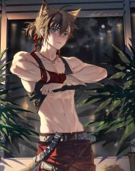 Rule 34 | 1boy, abs, animal ears, arknights, arsh (thestarwish), bare shoulders, belly, biceps, bishounen, blue eyes, brown hair, cat ears, clothes lift, commentary request, cowboy shot, dappled sunlight, duplicate, highres, jewelry, looking at viewer, male focus, muscular, muscular male, navel, necklace, open mouth, outdoors, pants, pectoral cleavage, pectorals, pixel-perfect duplicate, plant, potted plant, red pants, shirt lift, solo, stainless (arknights), stomach, sunlight, tank top, teeth, toned, toned male