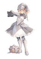 Rule 34 | 1girl, apron, armor, armored boots, basket, blonde hair, blush, boots, boxers, braid, breasts, closed mouth, commentary request, eyes visible through hair, flying sweatdrops, frilled apron, frills, full body, gau (n00 shi), gloves, greaves, grey gloves, grey skirt, hair between eyes, helmet, highres, holding, holding clothes, holding underwear, laundry, laundry basket, long hair, looking away, maid, male underwear, nose blush, original, outstretched arms, pauldrons, red eyes, shoulder armor, simple background, skirt, solo, standing, underwear, vambraces, white apron, white background