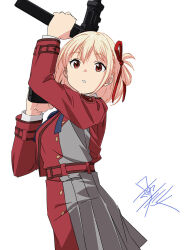 Rule 34 | 1girl, belt, belted skirt, blonde hair, buttons, commentary, expressionless, extended magazine, grey jacket, grey skirt, gun, hair between eyes, hair ribbon, hands up, highres, holding, holding weapon, jacket, long sleeves, looking at viewer, lycoris recoil, lycoris uniform, multicolored clothes, multicolored jacket, nishikigi chisato, parted lips, pleated skirt, red belt, red eyes, red jacket, red ribbon, red skirt, ribbon, shirt, short hair, skirt, solo, submachine gun, taku1122, two-tone jacket, two-tone skirt, uniform, upper body, weapon, white background, white shirt