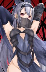 Rule 34 | 1girl, :q, absurdres, alternate costume, alternate hairstyle, armor, armpits, arms behind head, black bow, bow, breasts, choker, cowboy shot, cross, cross earrings, dress, earrings, elbow gloves, gauntlets, girls&#039; frontline, gloves, grey hair, groin, hair between eyes, hair bow, hairband, highres, jewelry, licking lips, long hair, looking at viewer, medium breasts, mouth veil, no panties, pelvic curtain, purple dress, purple gloves, red eyes, revealing clothes, scarf, scarf over mouth, see-through, sidelocks, single gauntlet, solo, takechii, tokarev (girls&#039; frontline), tokarev (griffin&#039;s dancer) (girls&#039; frontline), tongue, tongue out, veil, very long hair