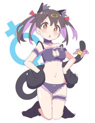 Rule 34 | 1girl, absurdres, animal ears, animal hands, armband, black hair, blush, bow, bow panties, bra, breasts, cat ears, cat lingerie, cat tail, choker, cleavage cutout, clothing cutout, colored inner hair, commentary, cosplay, frilled armband, frilled bra, frilled choker, frilled panties, frills, gloves, hair ornament, hairclip, hands on own hips, highres, kneeling, looking at viewer, male-female symbol, medium breasts, meme attire, multicolored hair, onii-chan wa oshimai!, orange eyes, oyama mahiro, oyama mahiro (cosplay), oyama mihari, panties, paw gloves, purple choker, purple hair, purple panties, simple background, solo, tail, teira (ooxoo), thigh strap, two-tone hair, underwear, white background