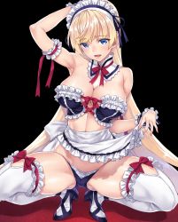 Rule 34 | 1girl, apron, apron lift, arm garter, arm up, armpits, bare shoulders, black bra, black panties, blonde hair, blue eyes, bra, breasts, cleavage, clothes lift, cross-laced footwear, detached collar, flipped hair, frilled bra, frills, gluteal fold, high heels, highres, large breasts, long hair, maid headdress, matsuryuu, mayuri mariani, original, panties, pole, pole dancing, shiny skin, simple background, smile, solo, spread legs, squatting, stripper pole, thighhighs, underwear, underwear only, very long hair, waist apron, white thighhighs, wrist cuffs