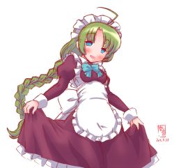 Rule 34 | 1girl, adapted costume, ahoge, alternate costume, apron, artist logo, blue eyes, blue ribbon, blush, bow, bowtie, braid, cowboy shot, dated, dress, enmaided, frilled apron, frilled dress, frills, green hair, highres, kanon (kurogane knights), kantai collection, long sleeves, looking at viewer, maid, maid apron, maid headdress, mole, mole under mouth, pink dress, ribbon, signature, simple background, skirt hold, solo, white apron, white background, yuugumo (kancolle)