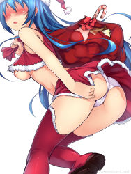 Rule 34 | 1girl, ass, atomix, blue hair, blush, boots, breasts, candy, candy cane, christmas, faceless, faceless female, food, fur trim, gift, hat, highres, long hair, nipples, open mouth, original, panties, pantyshot, red thighhighs, sack, santa costume, santa hat, simple background, skirt, sleeveless, solo, thigh boots, thighhighs, underboob, underwear, upskirt, watermark, web address, white background, white panties