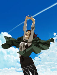 Rule 34 | 1girl, arms up, black pants, blue sky, breasts, brown hair, cloak, closed eyes, cloud, commentary request, from side, glasses, green cloak, hange zoe, highres, open mouth, pants, profile, shingeki no kyojin, sky, small breasts, smile, solo, stretching, suzu (mjje0txjdsyxovk)