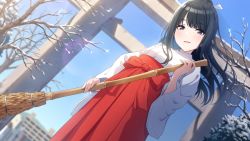 Rule 34 | 1girl, :d, amochin, bamboo broom, bare tree, black eyes, black hair, blue sky, blush, bow, broom, commentary request, day, dutch angle, feet out of frame, hakama, holding, holding broom, idolmaster, idolmaster shiny colors, japanese clothes, kazano hiori, kimono, lens flare, long hair, long sleeves, looking at viewer, miko, open mouth, outdoors, ponytail, red bow, red hakama, sky, smile, snow, solo, sparkle, standing, torii, tree, white kimono, wide sleeves, winter