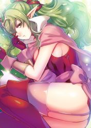 Rule 34 | 1girl, aged up, ass, boots, bracelet, breasts, cape, dragon, dress, fire emblem, fire emblem awakening, fire emblem heroes, garter straps, gloves, green eyes, green hair, hair ornament, jewelry, kokouno oyazi, large breasts, long hair, looking at viewer, lying, nintendo, on side, one eye closed, pink dress, pink thighhighs, pointy ears, ponytail, red dress, red footwear, red gloves, short dress, sideboob, simple background, solo, strapless, strapless dress, thigh boots, thighhighs, tiara, tiki (adult) (fire emblem), tiki (fire emblem)