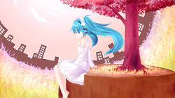 Rule 34 | 1girl, aqua eyes, aqua hair, bad id, bad pixiv id, barefoot, bow, detached sleeves, dress, fira, fisheye, hair bow, hand on another&#039;s chest, hand on own chest, hatsune miku, headphones, long hair, sitting, solo, tree, twintails, vocaloid