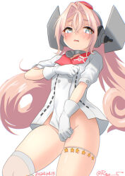 Rule 34 | 1girl, bell, coat, collar, covering crotch, covering privates, cowboy shot, drum (kancolle), garrison cap, gloves, hair rings, hat, headgear, kantai collection, long hair, metal collar, neck bell, no panties, no swimsuit, one-hour drawing challenge, open mouth, pink hair, ray.s, red hat, simple background, skull print, solo, star ornament, white background, white coat, white gloves