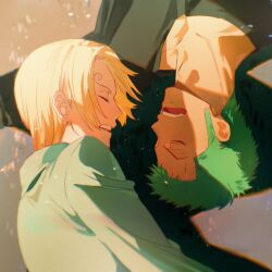 Rule 34 | 2boys, blonde hair, couple, from above, green hair, kiss, lying, male focus, multiple boys, on back, one piece, pectoral cleavage, pectorals, roronoa zoro, sanji (one piece), scene reference, sideburns, sleeping, upper body, upside-down kiss, yaoi, ynnn m