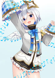 Rule 34 | 1girl, absurdres, amane kanata, amane kanata (1st costume), arm up, armband, blue background, bob cut, bow, bowtie, cheering, commentary request, cowboy shot, gold trim, gradient background, halo, high collar, highres, hololive, looking at viewer, mikoto paint, mini wings, miniskirt, multicolored hair, musical note, open mouth, pink eyes, shirt, short hair, silver hair, single hair intake, skirt, sleeves past wrists, solo, star (symbol), star halo, streaked hair, thighs, virtual youtuber, white shirt, white wings, wings