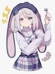 Rule 34 | 1girl, animal ears, ars almal, beret, black hat, blue eyes, bow, captain yue, closed mouth, cropped torso, grey bow, grey shirt, hat, highres, holding, holding wrench, lightning bolt symbol, long sleeves, looking at viewer, lop rabbit ears, medium hair, nijisanji, plaid, plaid skirt, rabbit ears, shirt, skirt, solo, squiggle, swept bangs, twintails, twitter username, virtual youtuber, white background, white hair, wrench