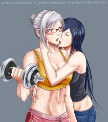 Rule 34 | 2girls, arm around neck, arm up, black hair, black tank top, blush, breasts, cleavage, closed eyes, dripping, exercising, glasses, grey background, gumbat, holding person, kurihara mari (prison school), looking at another, midriff peek, multiple girls, muscular, muscular female, navel, nervous sweating, open mouth, parted lips, prison school, shiraki meiko, shorts, simple background, standing, sweat, tank top, tongue, tongue out, very sweaty, weightlifting, wet, white hair, wife and wife, yellow tank top, yuri