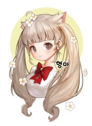 Rule 34 | 1girl, absurdres, ahoge, animal ears, annyeongbangawo, bow, bowtie, brown hair, cat ears, character request, closed mouth, expressionless, extra ears, female focus, flower, grey eyes, hair flower, hair ornament, highres, korean text, long hair, looking at viewer, maplestory, maplestory 2, plant, red bow, shirt, simple background, solo, twintails, upper body, white background, white shirt