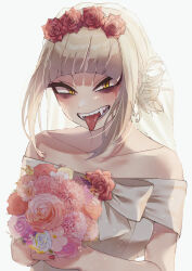 Rule 34 | 1girl, bags under eyes, blonde hair, blunt bangs, boku no hero academia, bouquet, chibi 228, dress, fangs, flower, hair bun, head wreath, highres, holding, holding bouquet, looking at viewer, messy hair, nail polish, narrowed eyes, off-shoulder dress, off shoulder, red nails, rose, sidelocks, slit pupils, solo, toga himiko, tongue, tongue out, wedding dress, white dress, yellow eyes