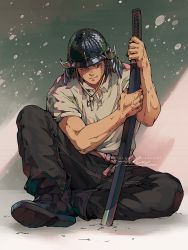 Rule 34 | 1boy, ankle boots, arkuny, armor, artist name, black footwear, black pants, boots, chin strap, collared shirt, cross, dorohedoro, facial mark, full body, hands up, helmet, highres, holding, holding sword, holding weapon, inverted cross, japanese armor, kabuto (helmet), katana, knee up, looking away, male focus, pants, pants tucked in, planted, planted sword, planted weapon, polo shirt, sad, sash, scar, scar across eye, shirt, shoe soles, short sleeves, sideways glance, signature, smile, snowing, solo, sword, tetsujo, unsheathed, weapon, white shirt