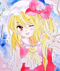 Rule 34 | 1girl, ;p, ascot, bare shoulders, blonde hair, blue background, blush, bow, collarbone, commentary request, crystal, flandre scarlet, hair between eyes, hat, hat bow, long hair, looking at viewer, marker (medium), matsuppoi, mob cap, one eye closed, one side up, pointy ears, red bow, red eyes, red skirt, red vest, simple background, skirt, sleeveless, solo, sparkle, tongue, tongue out, touhou, traditional media, upper body, v-shaped eyebrows, vest, white hat, wings, yellow ascot
