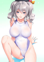 Rule 34 | 10s, 1girl, arm support, beret, blue eyes, blush, breasts, collarbone, competition swimsuit, covered navel, dragon@harry, gradient background, hat, highres, kantai collection, kashima (kancolle), large breasts, looking at viewer, navel, one-piece swimsuit, open mouth, shadow, silver hair, sitting, smile, solo, swimsuit, twintails, wet, wet clothes, wet swimsuit