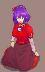 Rule 34 | 1girl, black skirt, breasts, commentary request, full body, grey background, hair ornament, highres, kakone, large breasts, layered sleeves, leaf hair ornament, long sleeves, looking at viewer, mirror, one-hour drawing challenge, open mouth, purple hair, red eyes, red shirt, shirt, short hair, short over long sleeves, short sleeves, simple background, sitting, skirt, solo, touhou, yasaka kanako