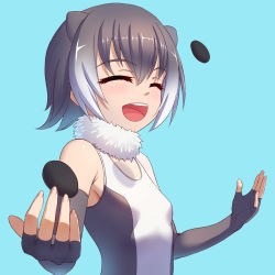 Rule 34 | 10s, 1girl, :d, ^ ^, animal ears, bare shoulders, black hair, blue background, closed eyes, elbow gloves, closed eyes, fingerless gloves, fur collar, gloves, gradient hair, grey hair, highres, juggling, kemono friends, multicolored hair, open mouth, otter ears, short hair, simple background, sion (sion9117ys), small-clawed otter (kemono friends), smile, solo, upper body, |d