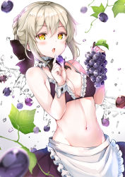 Rule 34 | 1girl, apron, artoria pendragon (all), artoria pendragon (alter swimsuit rider) (second ascension) (fate), artoria pendragon (fate), bad id, bad pixiv id, bare shoulders, bikini, bikini top only, black bikini, black bow, black skirt, blonde hair, blurry, blurry background, blush, bow, braid, breasts, cleavage, commentary request, depth of field, fate/grand order, fate (series), flower, food, frilled apron, frilled bikini, frilled bikini top, frills, fruit, glint, gradient background, grapes, grey background, hair between eyes, hair bow, hands up, highres, holding, holding flower, looking at viewer, maid, maid bikini, medium breasts, navel, parted lips, pilokey, saber alter, sidelocks, skirt, solo, swimsuit, unconventional maid, waist apron, water, white apron, white background, wrist cuffs, yellow eyes