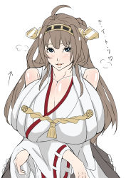 Rule 34 | 10s, 1girl, absurdres, bare shoulders, blue eyes, blush, breasts, brown hair, cleavage, female focus, gero 1992, gigantic breasts, hair ornament, highres, kantai collection, kongou (kancolle), long hair, looking at viewer, shiny skin, simple background, solo, white background