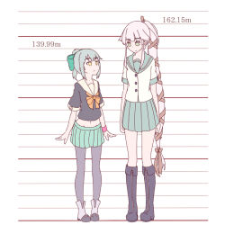 Rule 34 | 10s, 2girls, ankle boots, black footwear, boots, bow, buttons, green eyes, grey hair, hair bow, hair flaps, hair ornament, hair ribbon, height chart, height difference, kantai collection, knee boots, long hair, looking down, looking up, mikeco, multiple girls, navel, pantyhose, pink hair, ponytail, ribbon, school uniform, serafuku, short hair, side ponytail, skirt, standing, tank top, very long hair, yellow eyes, yura (kancolle), yuubari (kancolle)