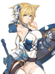 Rule 34 | 1girl, animal ears, armpits, bare shoulders, blonde hair, blue eyes, blue valkyrie (p&amp;d), blush, braid, breasts, covered erect nipples, gauntlets, groin, hair ornament, highres, kurowa, large breasts, long hair, panties, puzzle &amp; dragons, shield, solo, sweat, sword, thighhighs, torn clothes, torn thighhighs, underwear, valkyrie (p&amp;d), water valkyrie (p&amp;d), weapon