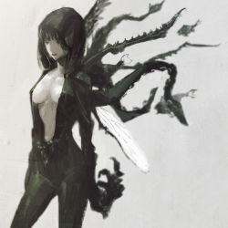 Rule 34 | 1girl, black hair, breasts, highres, hood, hooded jacket, huke, insect wings, jacket, monochrome, no bra, open clothes, open jacket, original, short hair, solo, tentacles, wings