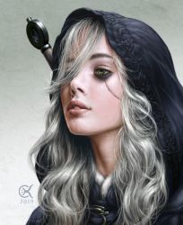 Rule 34 | 1girl, 2019, black eyeshadow, black hood, chalky nan, ciri, eyeshadow, green eyes, grey hair, hair over one eye, highres, long hair, makeup, parted lips, portrait, realistic, scar, scar across eye, solo, sword, the witcher (series), the witcher 3, watermark, wavy hair, weapon, weapon on back