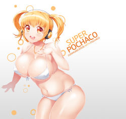 Rule 34 | 1girl, bad id, bad pixiv id, bikini, blonde hair, blush, breasts, cleavage, headphones, huge breasts, large breasts, looking at viewer, monami, navel, nitroplus, open mouth, plump, short hair, smile, solo, super pochaco, swimsuit, twintails, white bikini