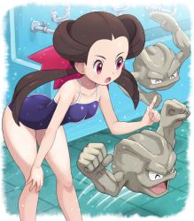 Rule 34 | 1girl, absurdres, alternate costume, arched back, ass, bent over, blush, breasts, brown hair, collarbone, commentary request, competition school swimsuit, creatures (company), eyelashes, game freak, gen 1 pokemon, geodude, hair ribbon, hand on own knee, highres, index finger raised, knees, long hair, motion lines, nintendo, one-piece swimsuit, open mouth, pink eyes, pink ribbon, pokemoa, pokemon, pokemon (creature), pokemon oras, purple one-piece swimsuit, ribbon, roxanne (pokemon), school swimsuit, swimsuit, tile floor, tiles, tongue, twintails