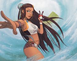 Rule 34 | 1girl, aqua eyes, aqua hair, armlet, armpits, artist name, belly chain, bikini, braid, brown hair, bun cover, cowboy shot, creatures (company), dark-skinned female, dark skin, day, devilhs, earclip, earrings, eyebrows, floating hair, foreshortening, french braid, game freak, gloves, gym leader, hair bun, hair ornament, hands up, holding, holding poke ball, hoop earrings, jewelry, lips, long hair, looking at viewer, mid-stride, multicolored hair, navel, nessa (pokemon), nintendo, ocean, outdoors, outstretched arm, outstretched hand, parted lips, partially fingerless gloves, pendant, poke ball, poke ball (basic), pokemon, pokemon swsh, reaching, reaching towards viewer, shiny skin, shorts, sidelocks, signature, single glove, single hair bun, smile, solo, sportswear, stomach, streaked hair, swimsuit, tankini, two-tone hair, v, very long hair, wading, water, waves, wet, wristband