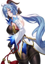 Rule 34 | 1girl, :o, ahoge, bare shoulders, black gloves, blue hair, blush, breasts, commentary request, detached sleeves, from behind, ganyu (genshin impact), genshin impact, gloves, goat horns, highres, horns, large breasts, long hair, long sleeves, looking at viewer, looking back, open mouth, pantyhose, purple eyes, simple background, solo, thighs, yamanokami eaka