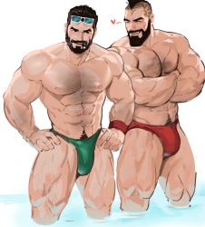 Rule 34 | 2boys, abs, alternate costume, bara, bare pectorals, beard, blush, body hair, bulge, character request, chest hair, cigar, crossed arms, dark-skinned male, dark skin, dopey (dopq), facial hair, feet out of frame, graves (league of legends), green male swimwear, hands on own hips, heart, highres, large pectorals, league of legends, male focus, male swimwear, manly, mature male, mohawk, multiple boys, muscular, muscular male, navel, navel hair, nipples, pectorals, red male swimwear, scar, scar on chest, short hair, size difference, smile, smoking, standing, stomach, sunglasses, swim briefs, thick thighs, thighs, water