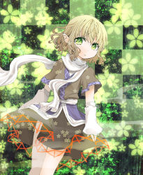 Rule 34 | 1girl, arm warmers, bad id, bad pixiv id, blonde hair, checkered background, female focus, floral background, flower, green background, green eyes, mizuhashi parsee, pointy ears, scarf, short sleeves, skirt, solo, touhou, umebayashi saki