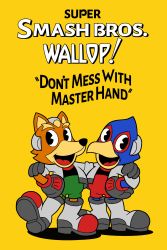 Rule 34 | 2boys, absurdres, animal ears, bird, black eyes, boots, crossover, cuphead (game), daniel bernal, english text, falco lombardi, falcon, fox, fox ears, fox mccloud, furry, furry male, gloves, happy, highres, jacket, looking at viewer, male focus, md5 mismatch, multiple boys, nintendo, open mouth, parody, poster (medium), resized, simple background, smile, star fox, style parody, super smash bros., upscaled, yellow background