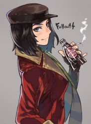 Rule 34 | 1girl, black gloves, black hair, brown hat, buttons, cigarette, closed mouth, coat, condensation, copyright name, drink, fallout (series), fallout 4, fingerless gloves, gloves, green eyes, green scarf, grey background, hat, holding, holding cigarette, holding drink, medium hair, nose, nuka cola, piper wright, red coat, rumie, scarf, simple background, smile, smoke, soda bottle, solo, tongue, tongue out, trench coat