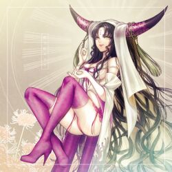Rule 34 | 1girl, black hair, black horns, boots, breasts, character name, chest tattoo, cleavage, closed mouth, commentary, detached sleeves, dress, facial mark, fate/extra, fate/extra ccc, fate/grand order, fate (series), flower, forehead mark, full body, halo, halo behind head, hands up, high heel boots, high heels, horn ornament, horn ring, horns, knees up, large breasts, long hair, looking at viewer, mudra, multicolored horns, ohagi (ymnky), panties, pantyshot, parted bangs, pink footwear, pink horns, pink panties, pink ribbon, ribbon, sessyoin kiara, smile, solo, spider lily, tassel, tattoo, thigh boots, translated, underwear, very long hair, vitarka mudra, white dress, white veil, wide sleeves, yellow eyes