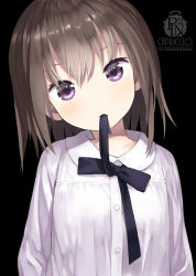 Rule 34 | 1girl, artist name, black background, black bow, black ribbon, bow, brown hair, capriccio, closed mouth, collarbone, collared shirt, commentary request, dress shirt, hair between eyes, head tilt, long hair, mouth hold, original, purple eyes, ribbon, ribbon in mouth, shirt, simple background, solo, upper body, white shirt