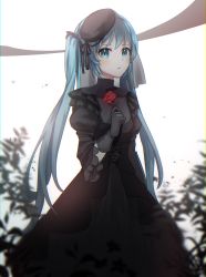 Rule 34 | 1girl, absurdres, black dress, black gloves, black hat, black ribbon, blue eyes, blue hair, blush, closed mouth, dress, flower, gloves, hair ribbon, hat, hatsune miku, highres, holding, holding flower, ille (xcpa7325), long hair, long sleeves, red flower, red rose, ribbon, rose, solo, standing, twintails, very long hair, vocaloid