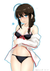 Rule 34 | 1girl, ahoge, bad id, bad twitter id, bare shoulders, bikini, bikini under clothes, black bikini, black hair, blue eyes, braid, breasts, commentary request, hair over shoulder, highres, jacket, kantai collection, kuromayu, long hair, looking at viewer, one-hour drawing challenge, shigure (kancolle), simple background, single braid, small breasts, solo, standing, swimsuit, white background, white bikini, white jacket