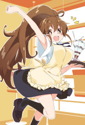 Rule 34 | 1girl, :d, ahoge, apron, black skirt, black socks, breasts, bright pupils, brown eyes, brown hair, holding, holding tray, ixy, large breasts, long hair, looking at viewer, open mouth, parfait, ponytail, skirt, smile, socks, solo, taneshima popura, tray, white pupils, working!!