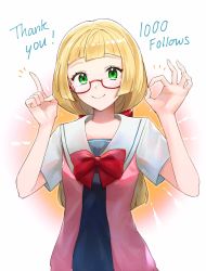 Rule 34 | 1girl, alternate costume, bespectacled, blonde hair, blush, bow, closed mouth, commentary request, creatures (company), eyelashes, game freak, glasses, green eyes, hands up, highres, index finger raised, konbu 1270, lillie (pokemon), looking at viewer, milestone celebration, nintendo, ok sign, pokemon, pokemon (anime), pokemon sm113, pokemon sm (anime), red-framed eyewear, red bow, semi-rimless eyewear, short sleeves, smile, solo, thank you, upper body